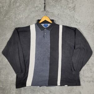 Vintage Towncraft Mens XXLT Long Sleeve Polo Shirt Black Gray Colorblock Stripe